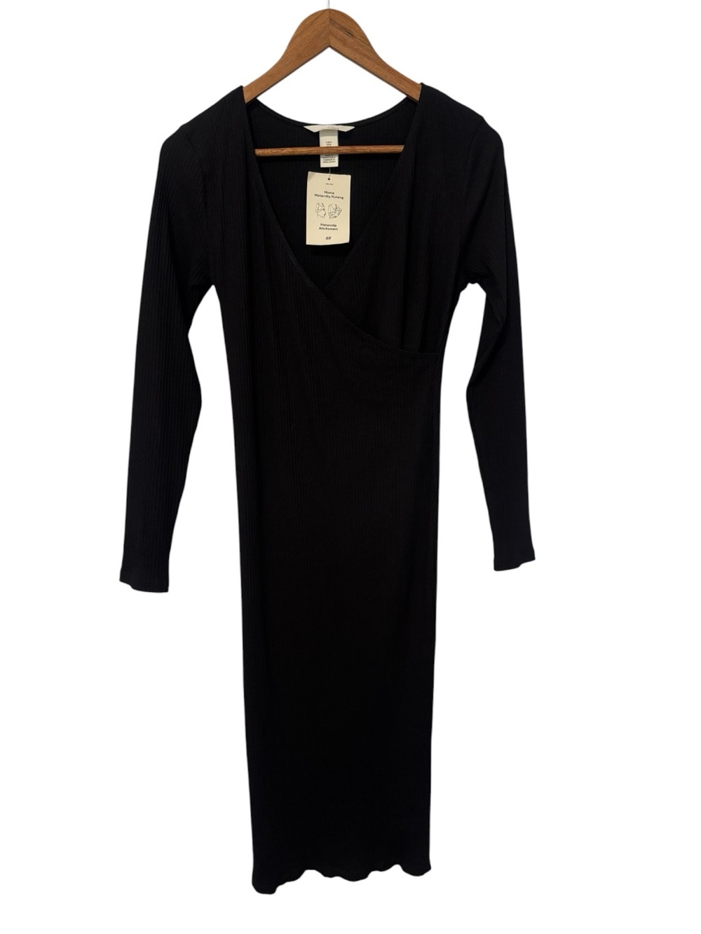 H&M MAMA Nursing Fitted Black Ribbed V-Neck Long Sleeve Dress Size Medium